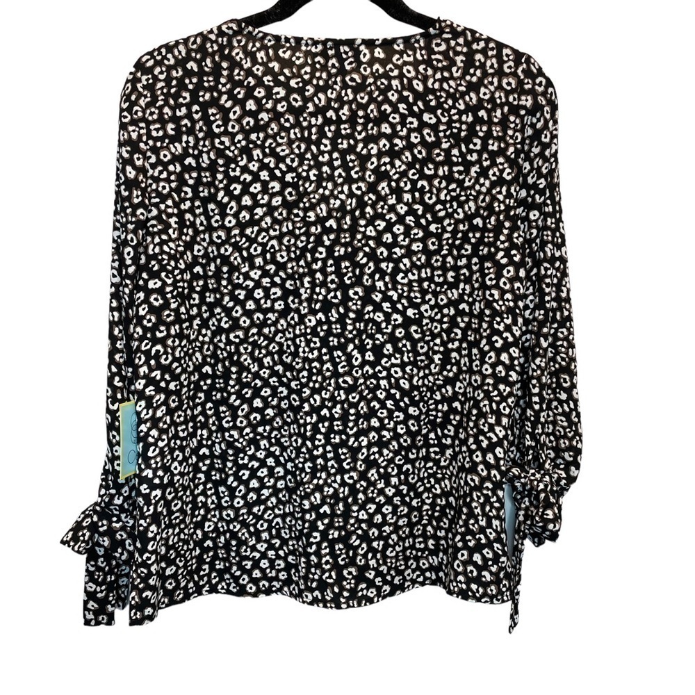 CeCe V-Neck Tie Cuff Blouse in Rich Black Leopard Print Small - Picture 4 of 6